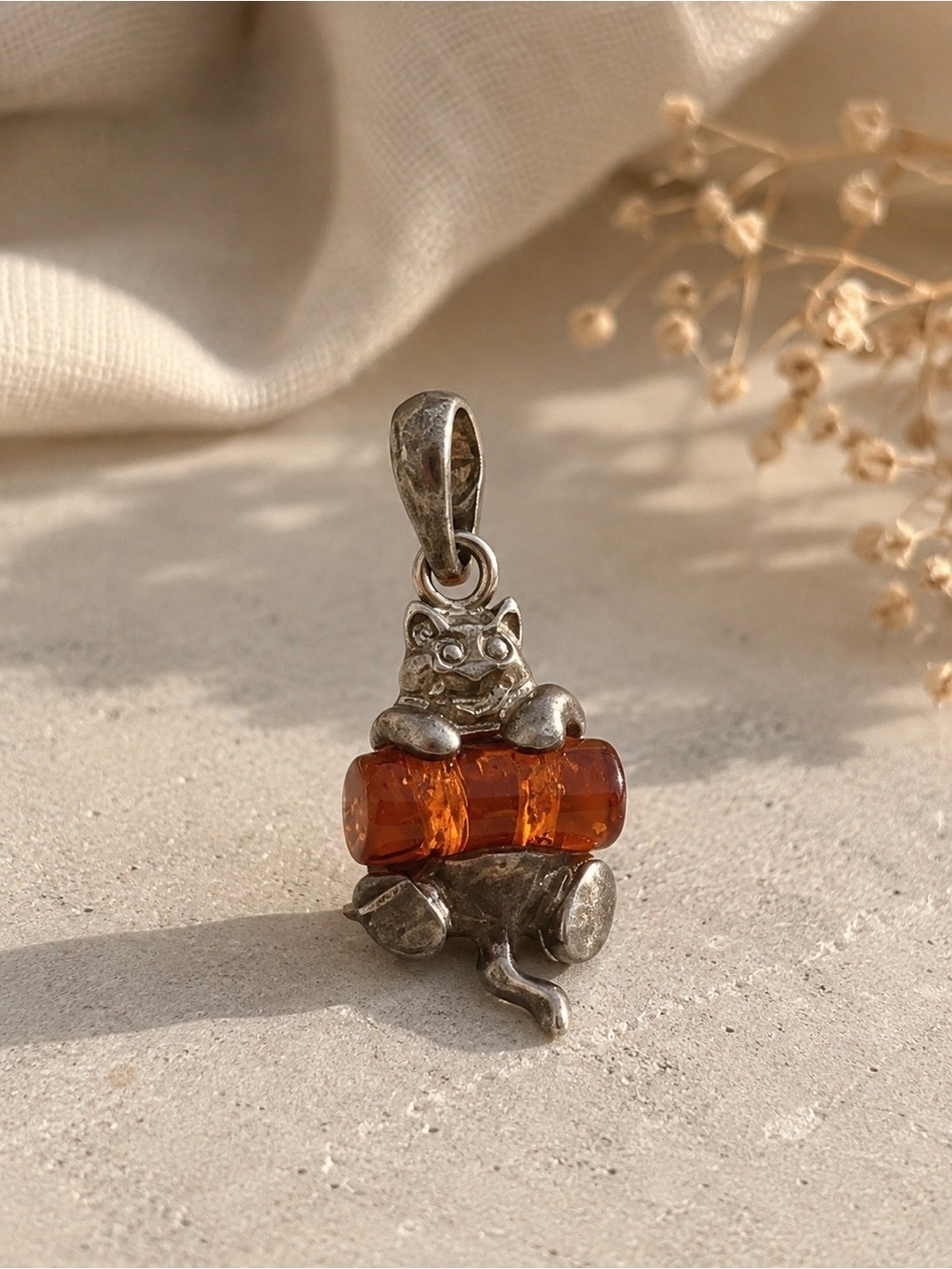 🧡 Genuine Amber Cat Pendant Sterling Silver 925 • Whimsical Kitty Charm Necklace